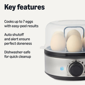 Amazon Basics egg cooker highlights auto shutoff for safe, unattended boiling.