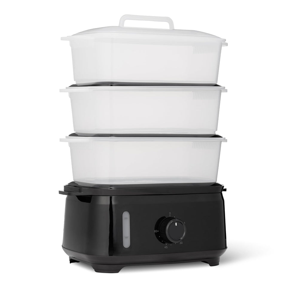 Amazon Basics Electric Food Steamer with 3-tier design for multi-dish steaming.