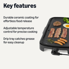 Amazon Basics Electric Griddle shows a 10x20 inch cooking area.