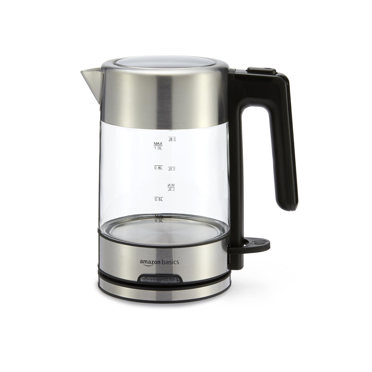 Amazon Basics electric kettle with glass carafe boils water quickly for tea and coffee