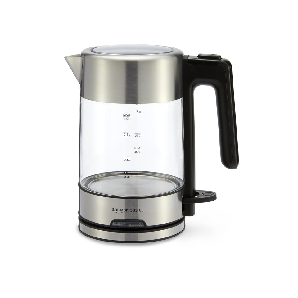 Amazon Basics electric kettle with glass carafe boils water quickly for tea and coffee