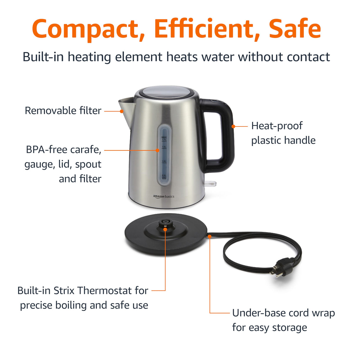 Amazon Basics electric kettle with a removable filter for clean brewing.