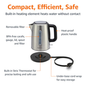 Amazon Basics electric kettle with a removable filter for clean brewing.