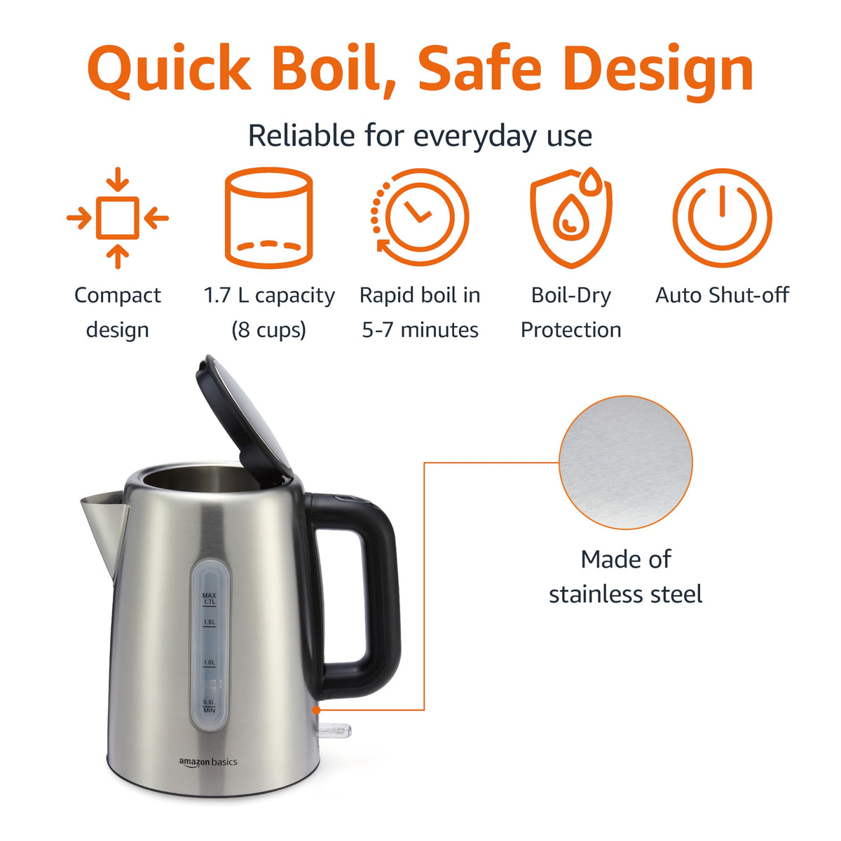 Amazon Basics electric kettle showing the water level window for precise filling.