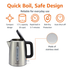 Amazon Basics electric kettle showing the water level window for precise filling.