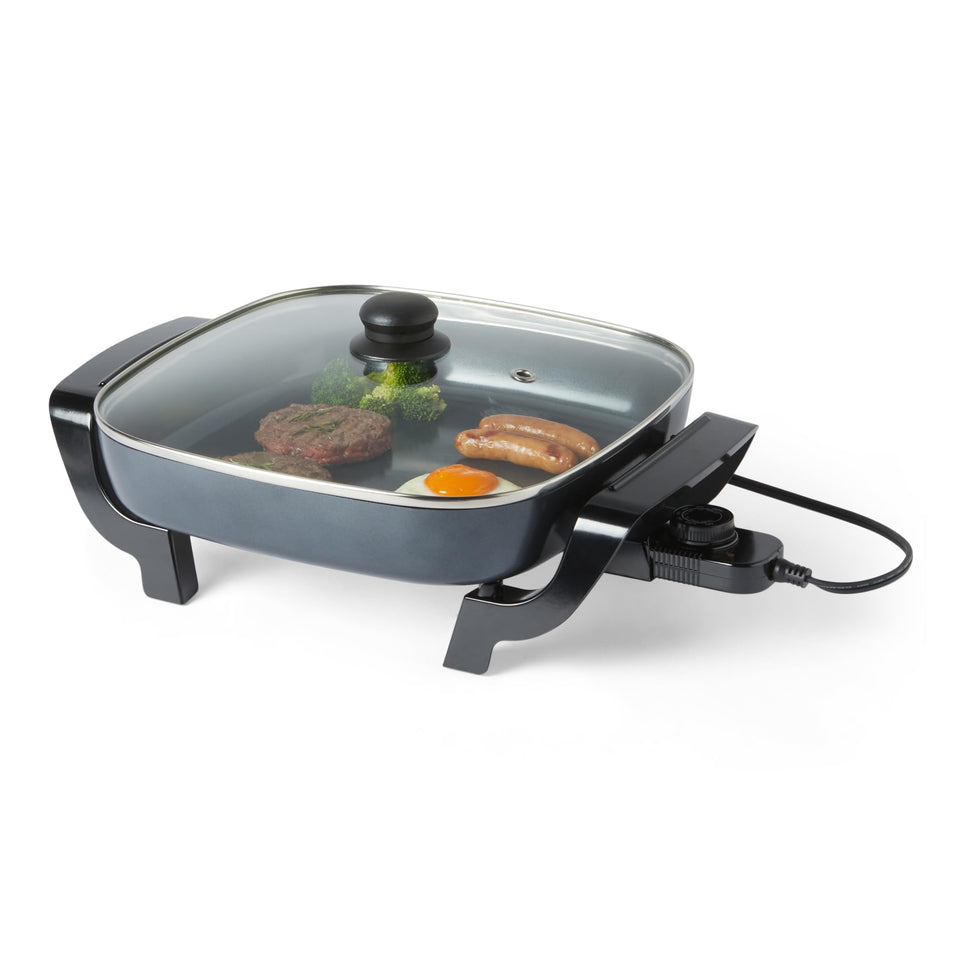 Amazon Basics electric skillet with glass lid for effortless monitoring and even cooking