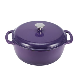 Amazon Basics enameled cast iron Dutch oven with lid in purple for even heat.