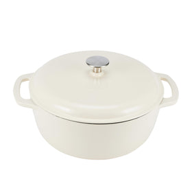 Amazon Basics enameled cast iron dutch oven front view showing even heat for roasts and stews.