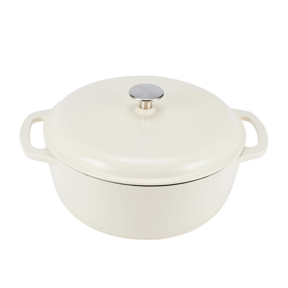 Amazon Basics enameled cast iron dutch oven front view showing even heat for roasts and stews.