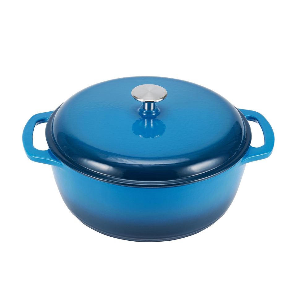 Amazon Basics enameled cast iron Dutch oven in blue, even heating for roasts and stews.