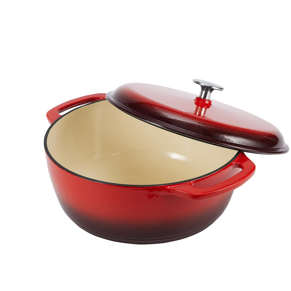 Amazon Basics enameled cast iron Dutch oven dual handles side view for easy transport