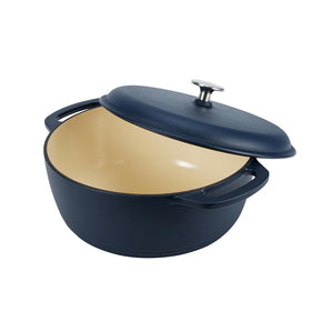 Amazon Basics enameled cast iron dutch oven with dual handles for safe lifting and serving.