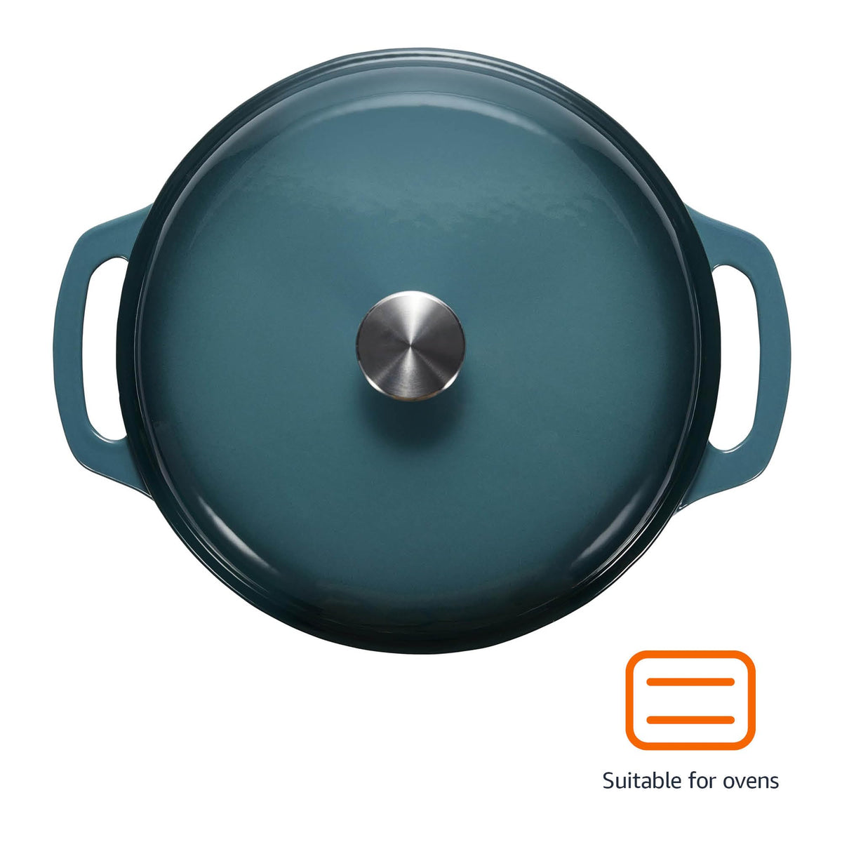 Amazon Basics enameled cast iron dutch oven close-up highlighting gray enamel durability.