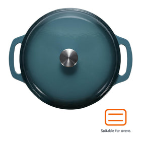 Amazon Basics enameled cast iron dutch oven close-up highlighting gray enamel durability.