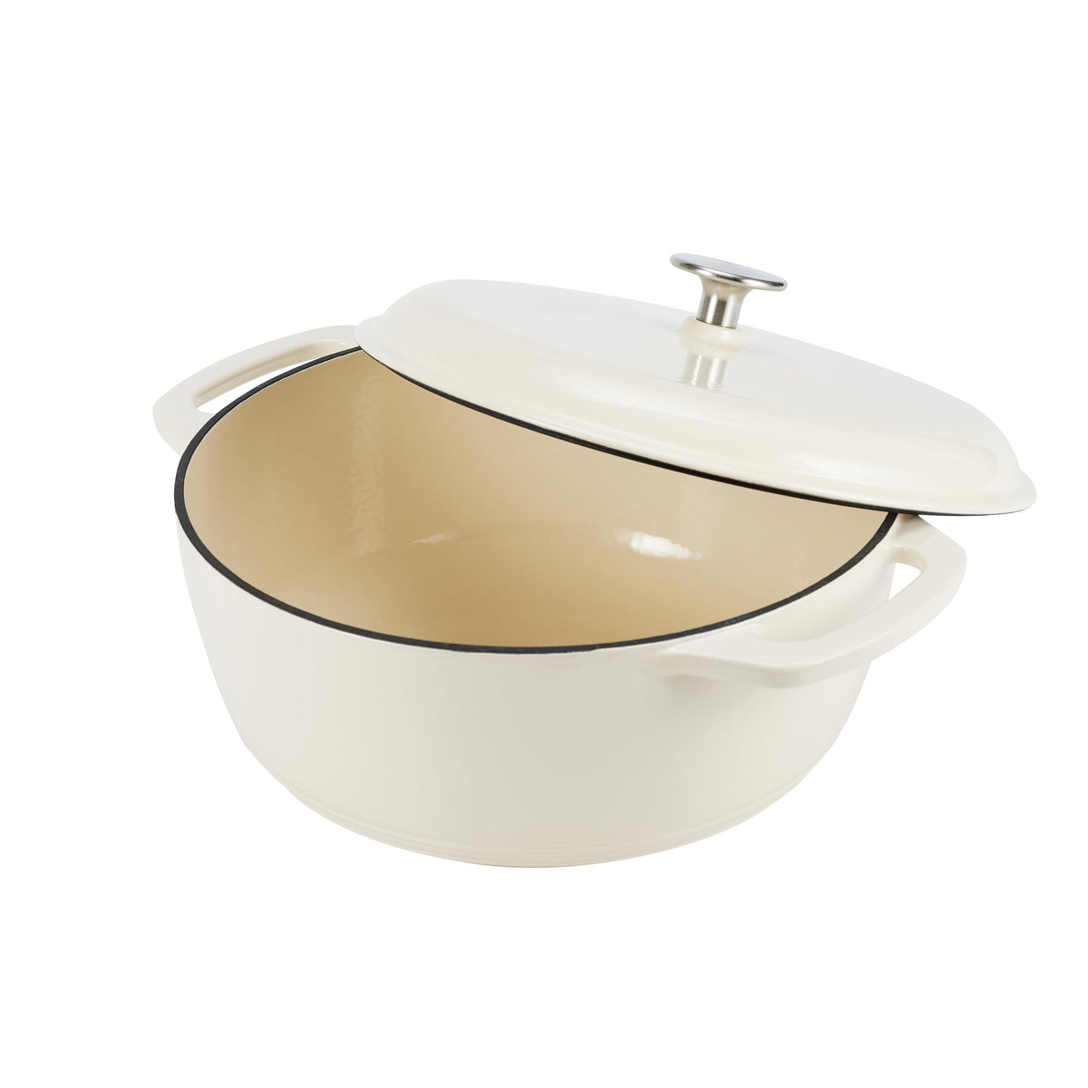 Amazon Basics enameled interior view illustrating easy cleaning and even cooking for casseroles and braises.