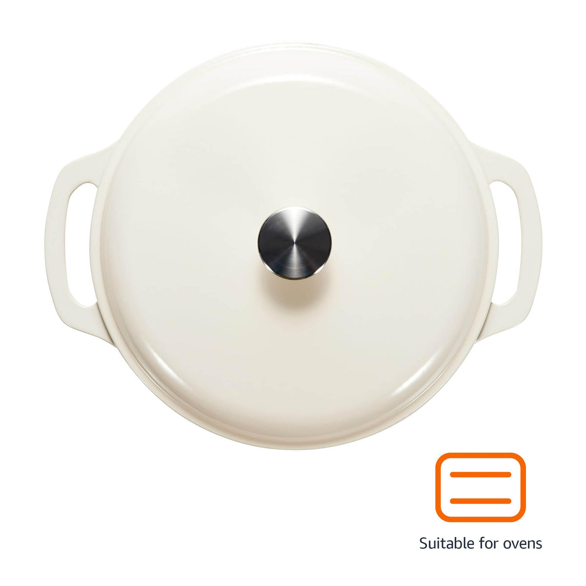 Amazon Basics dutch oven lid in white highlighting durable enamel and secure lid for oven-to-table meals.