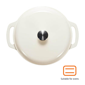 Amazon Basics dutch oven lid in white highlighting durable enamel and secure lid for oven-to-table meals.