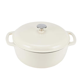 Amazon Basics enameled cast iron dutch oven lid showing tight seal for even cooking.