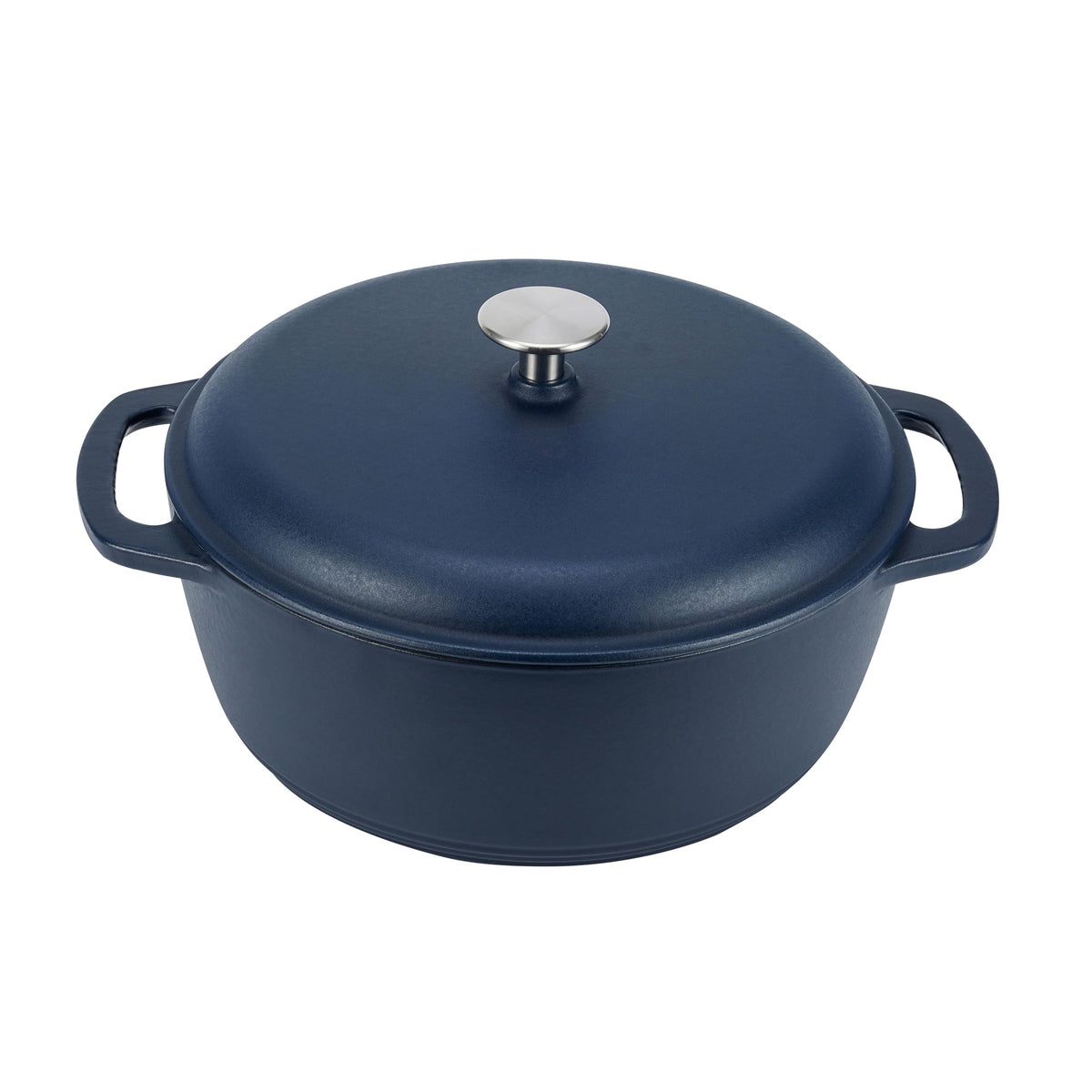 Amazon Basics enameled cast iron dutch oven with lid in matte navy delivers even heat for braising.