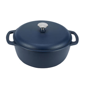 Amazon Basics enameled cast iron dutch oven with lid in matte navy delivers even heat for braising.