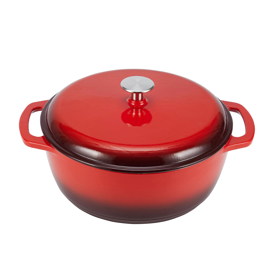 Amazon Basics enameled cast iron Dutch oven red front view showing even heat performance