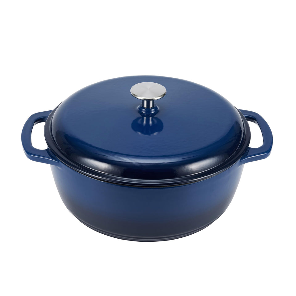 Amazon Basics enameled cast iron Dutch oven with lid, navy finish, ideal for even cooking