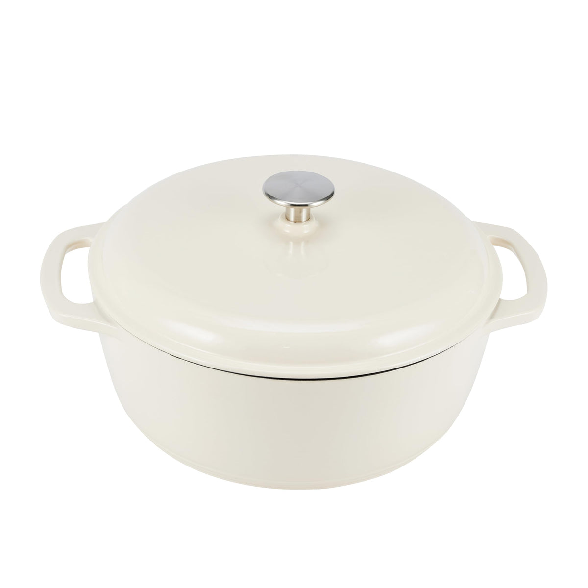 Amazon Basics enameled cast iron dutch oven with lid for even browning and roasting.