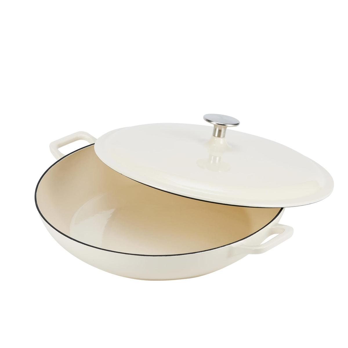 Amazon Basics enameled cast iron round casserole lid in white withstands up to 500°F.