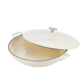Amazon Basics enameled cast iron round casserole lid in white withstands up to 500°F.