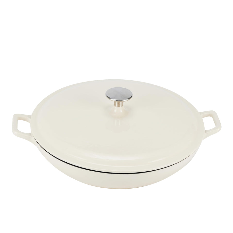 Amazon Basics enameled cast iron round casserole with lid offers even heat distribution.