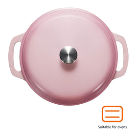 Amazon Basics enameled dutch oven round body highlights durable enamel for versatile cooking.