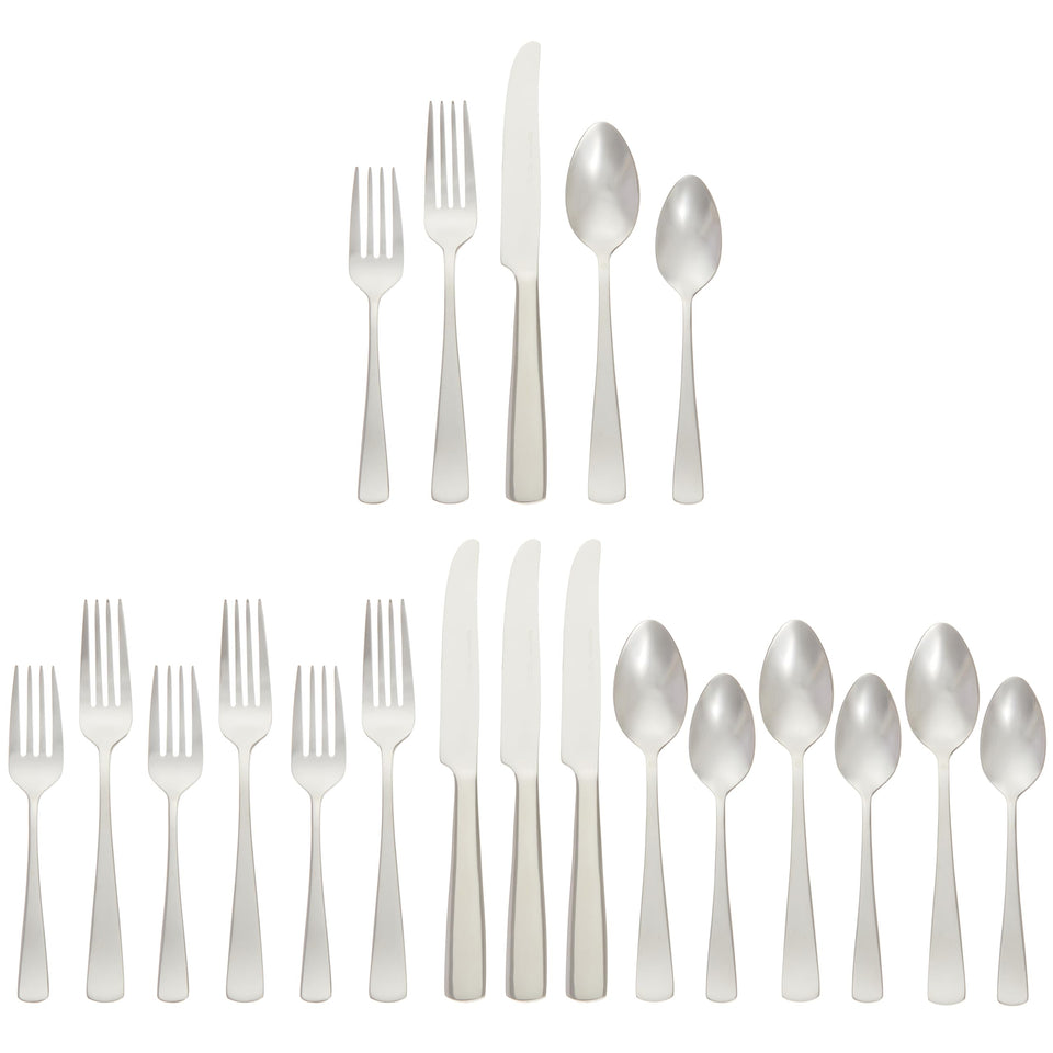 Amazon Basics flatware with square edge dining set for comfortable meals.