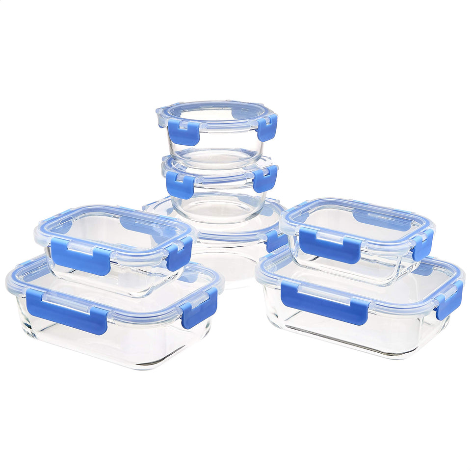 Amazon Basics glass storage 14-piece set for organized meals and leftovers.