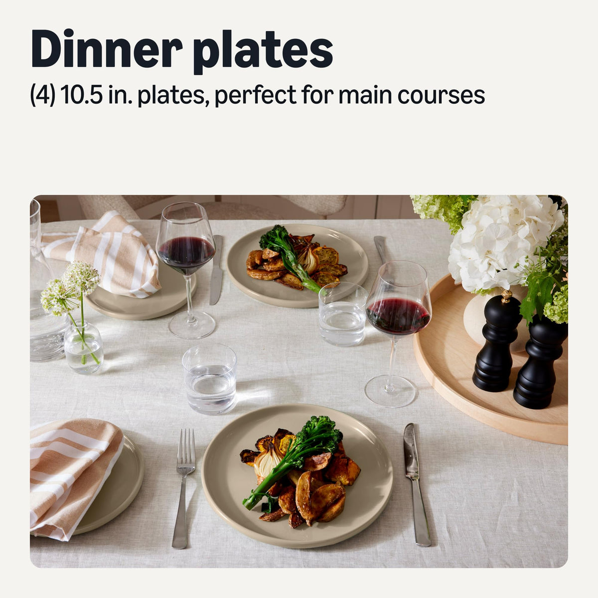Amazon Basics glazed stoneware dinner plates stacked for everyday meals and simple cleanup.
