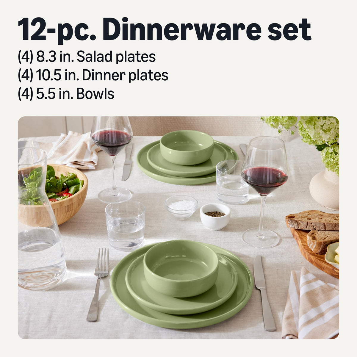 Amazon Basics glazed stoneware salad plates offer versatile design for salads and desserts and are dishwasher-safe.