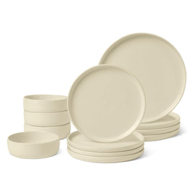 Amazon Basics glazed stoneware dinnerware set displayed for four, durable everyday elegance.