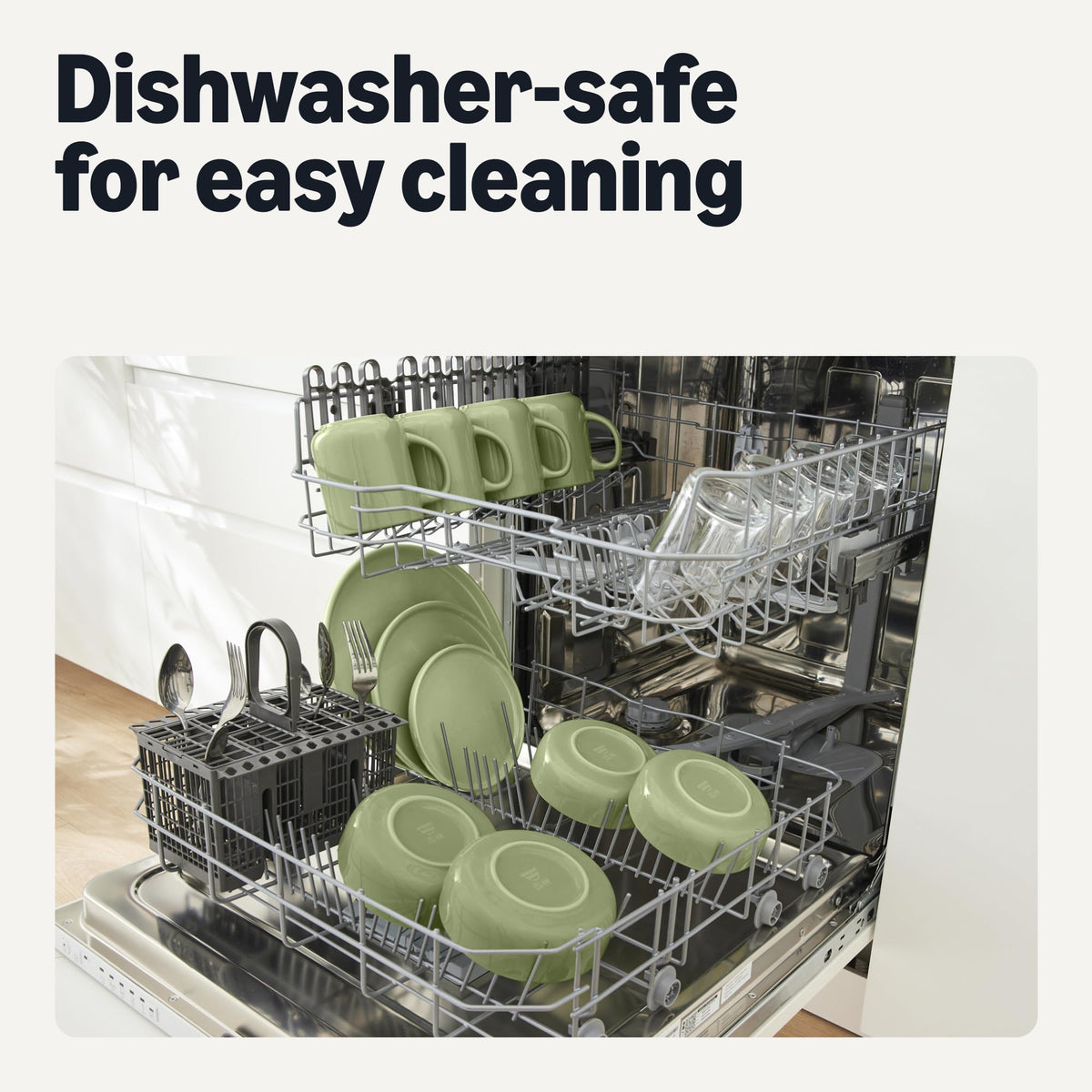 Amazon Basics glazed stoneware dishware features a dishwasher-safe finish for easy cleanup.