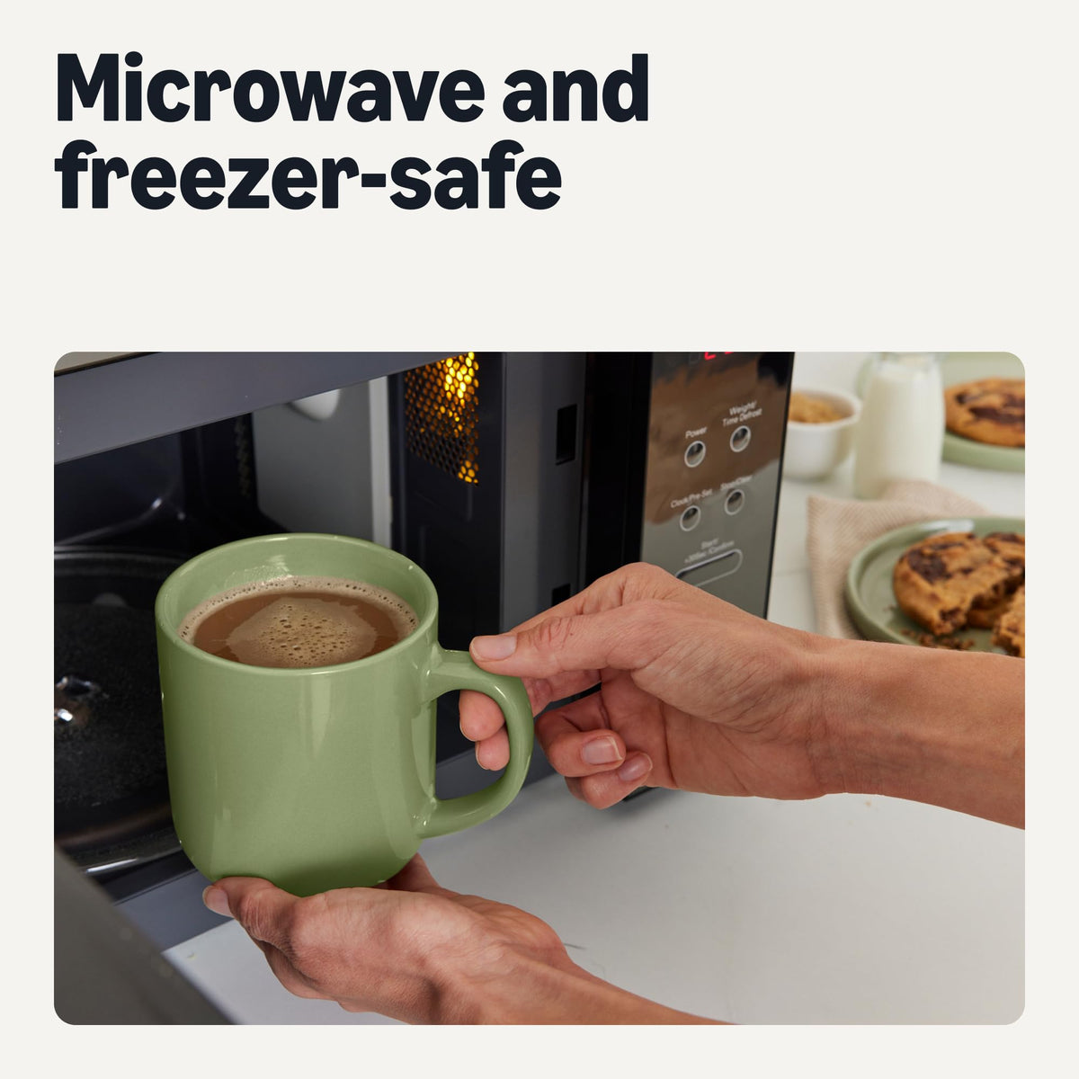 Amazon Basics olive mugs ready for dishwasher-safe cleanup