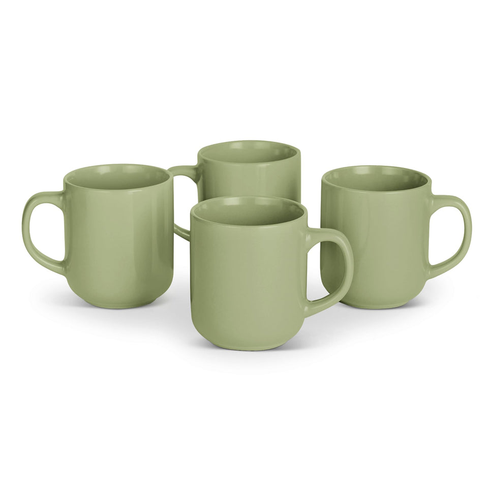 Amazon Basics olive glazed stoneware mugs stacked for everyday coffee or tea