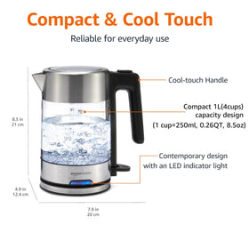 Amazon Basics kettle shows water level clearly for precise, mess-free brewing