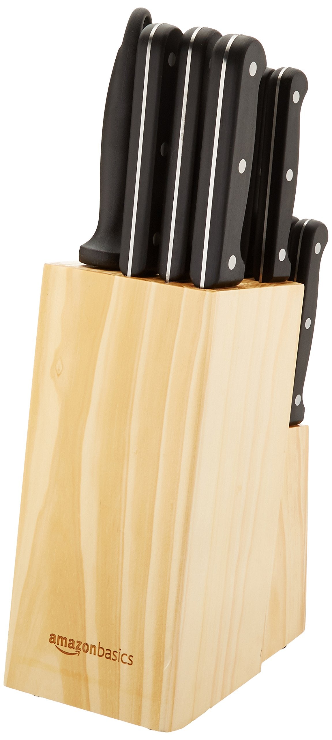 Amazon Basics knife block with built-in sharpener keeps blades ready.