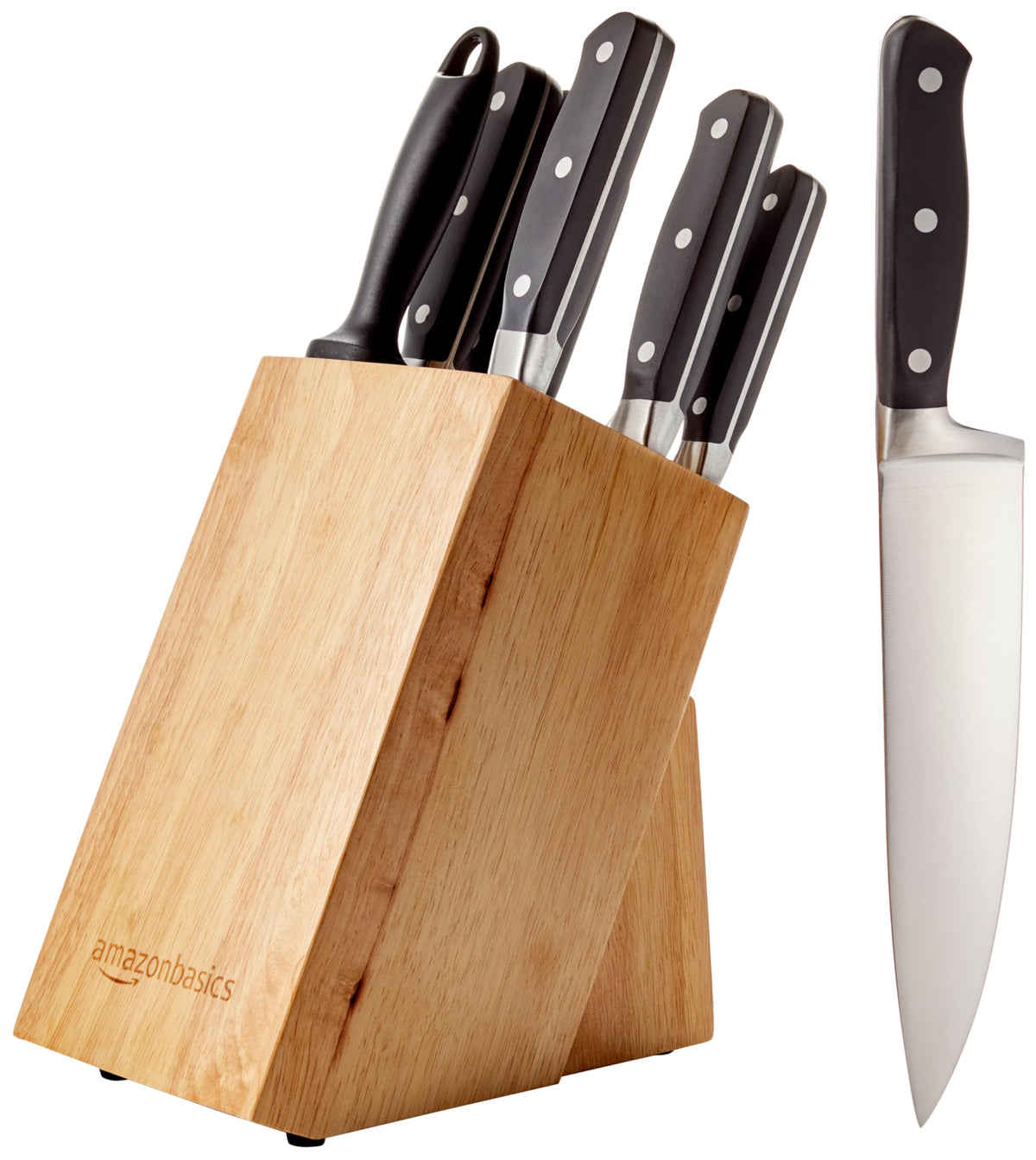 Amazon Basics knife block with 9-piece set, neatly organized for safe storage.