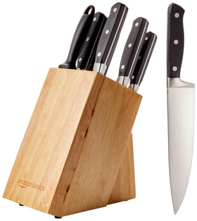 Amazon Basics knife block with 9-piece set, neatly organized for safe storage.