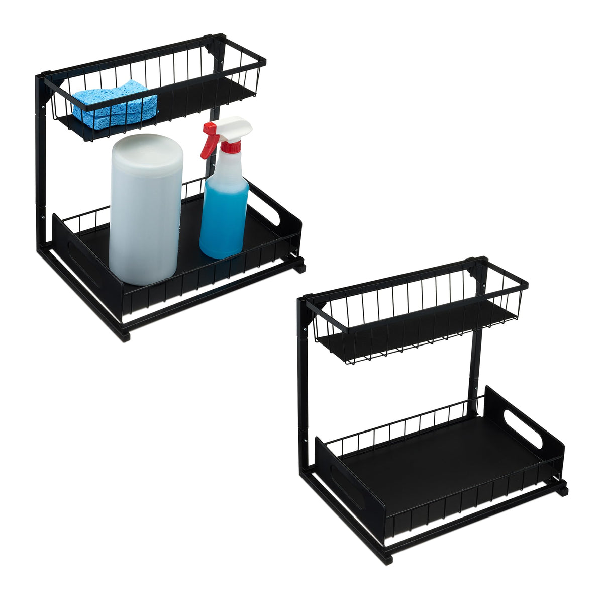 Amazon Basics L-shape under-sink organizer top view with two-tier storage for easy access
