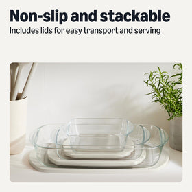 Amazon Basics three-dish set with lids supports batch cooking and travel.