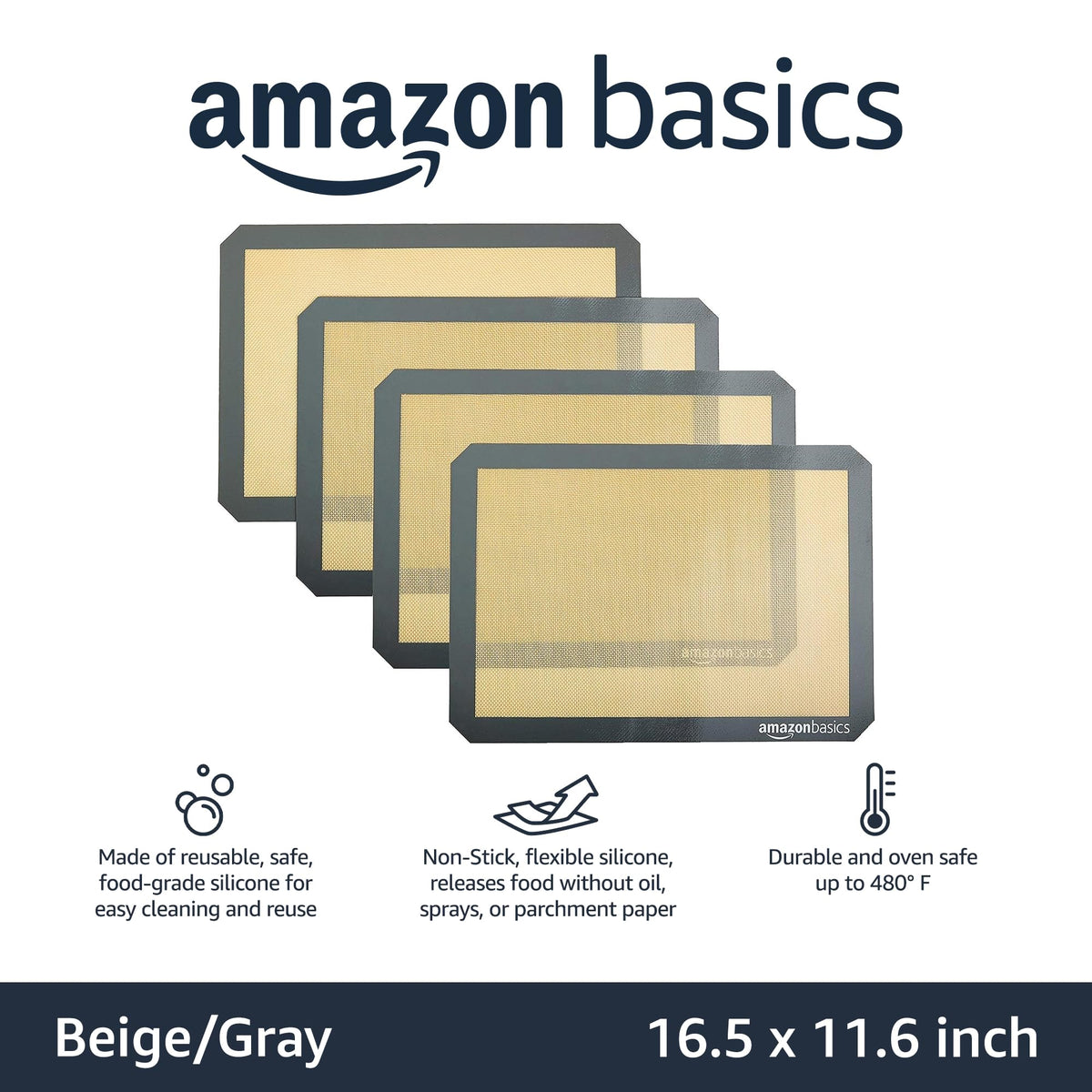 Amazon Basics non-stick silicone baking mat demonstrates reusable surface for mess-free cooking.