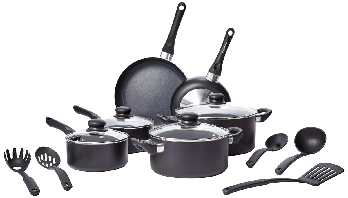 Amazon Basics nonstick cookware 15-piece set with stay-cool handles for easy cooking