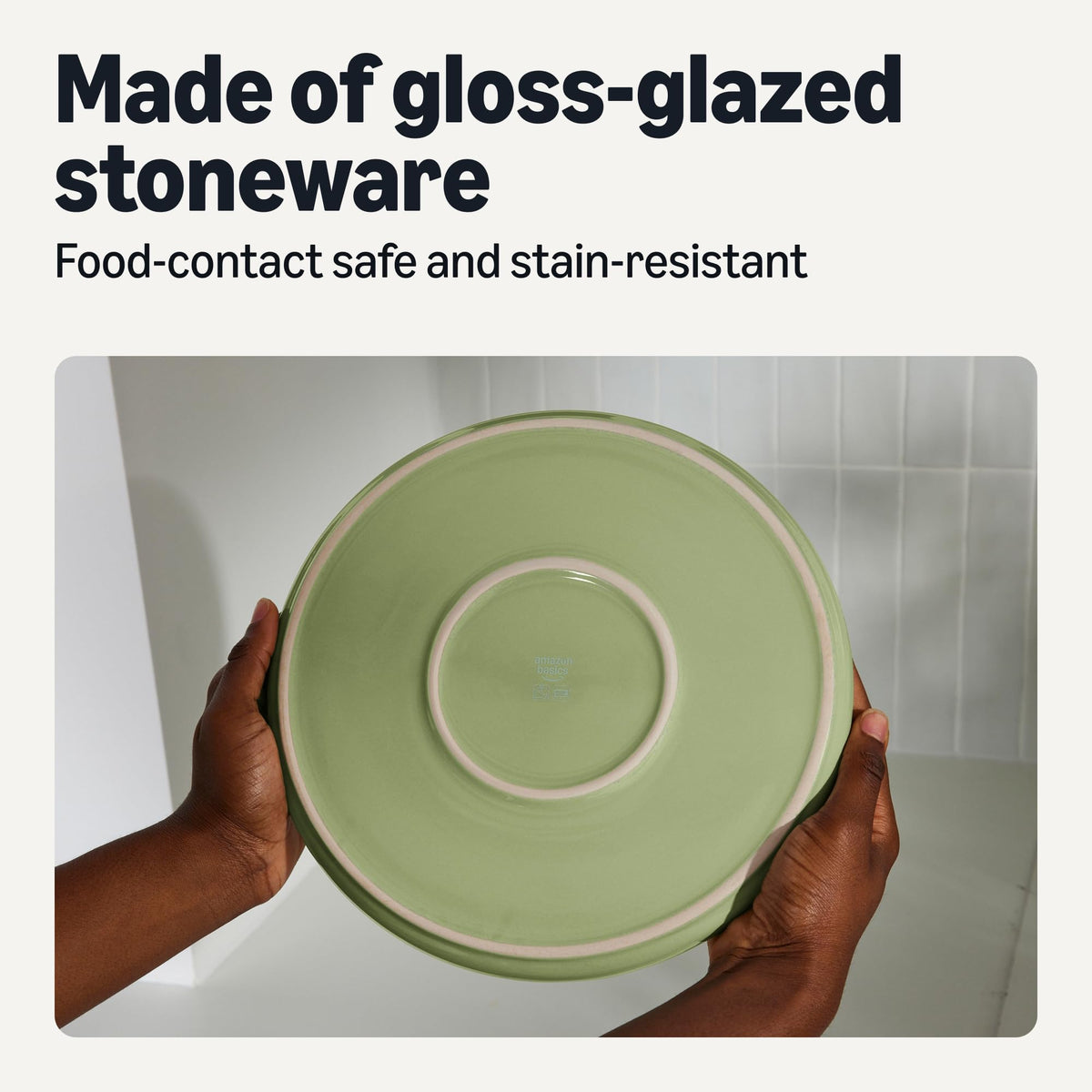Amazon Basics olive-glazed dinner plate with straight rim, modern style for stylish table settings.