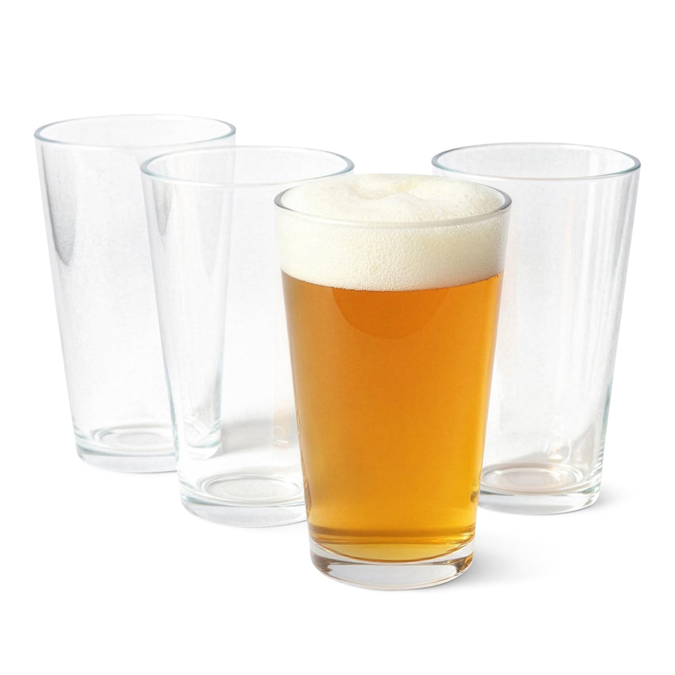 Amazon Basics pint glasses 16 oz set, durable clear glass for everyday use.