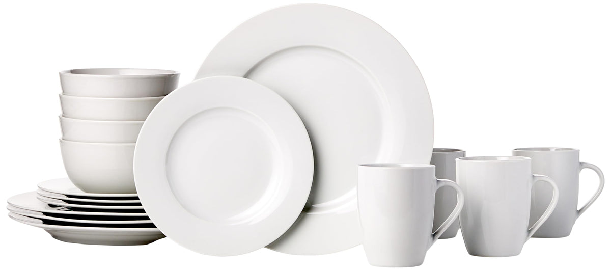 Amazon Basics porcelain dinnerware set arranged on table for daily meals